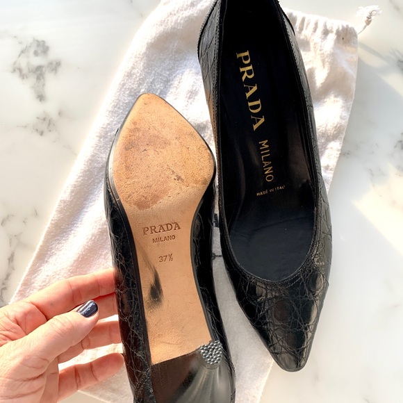 Perfect VTG 80s Prada Heels Black Croc Embossed Cone Heel Pumps 37.5 - Picture 5 of 6